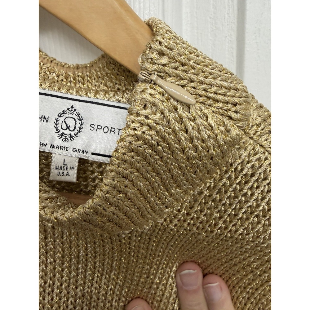 ST JOHN Marie Gray Santana Knit Gold Metallic Paillettes Top Large USA Luxury - Picture 6 of 10